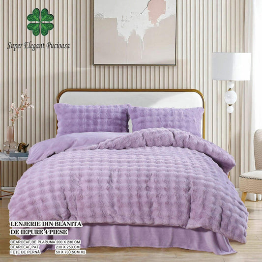 Lenjerie Luxury, Pufoasa, din Blanita artificiala Tip Iepure, 4 piese, Lila-P9115