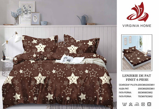 Lenjerie Pat Dublu din Finet, 6 Piese, cu Elastic, Stelute-V8908