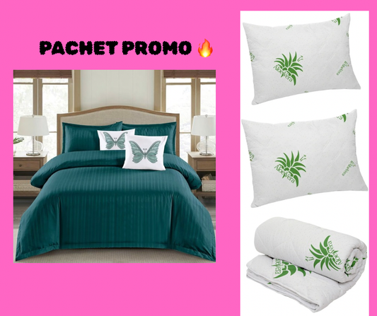 Pachet Promotional Lenjerie Damasc 6 Piese cu Elastic+Pilota Aloe Vera+2 Perne Aloe Vera-PP8142