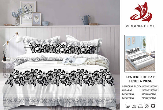 Lenjerie Pat Dublu din Finet, 6 Piese, cu Elastic, Trandafiri-V8922
