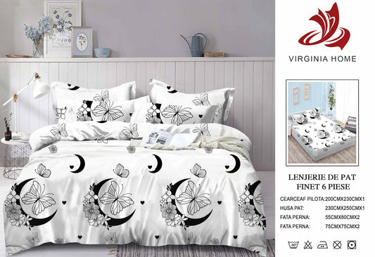 Lenjerie Pat Dublu din Finet, 6 Piese, cu Elastic, Luna/Fluturi-V8909