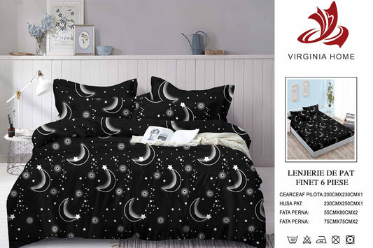 Lenjerie Pat Dublu din Finet, 6 Piese, cu Elastic, Luna/Stele-V8911
