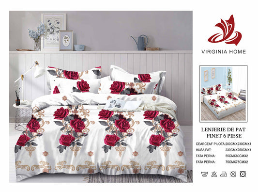 Lenjerie Pat Dublu din Finet, 6 Piese, cu Elastic, Trandafiri-V8912