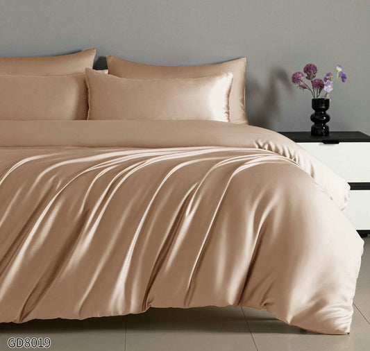 Lenjerie Pat Dublu din Satin, 4 Piese, cu Elastic, Bej Inchis-P8789