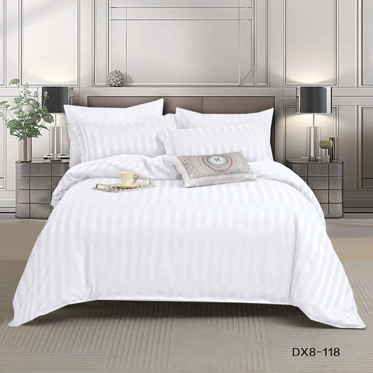 Lenjerie Pat 1 Persoana din Damasc Deluxe, 4 Piese cu Elastic, Alb-P8960