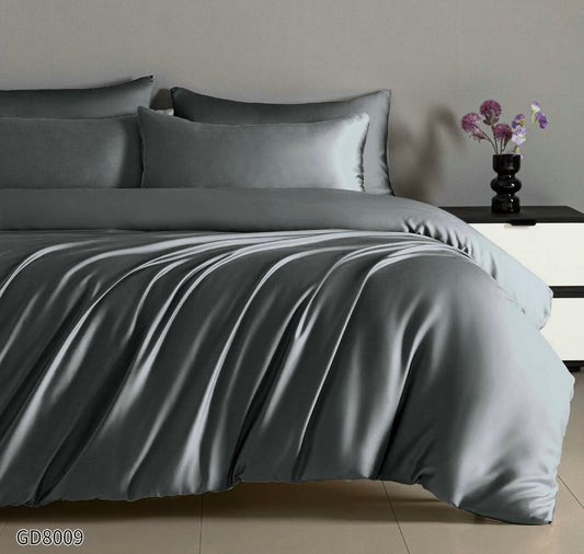 Lenjerie Pat Dublu din Satin, 4 Piese, cu Elastic, Gri Închis-P8786