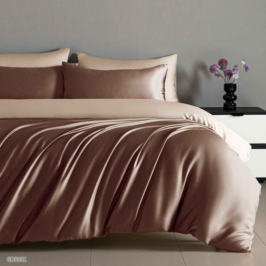 Lenjerie Pat Dublu din Satin, 4 Piese, cu Elastic, Maro/Bej-P8778