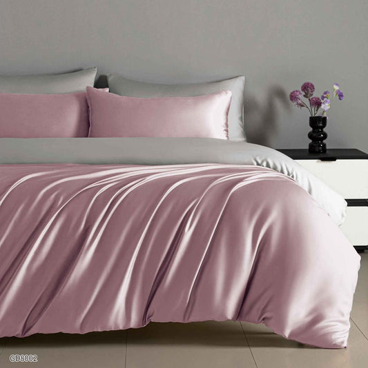 Lenjerie Pat Dublu din Satin, 4 Piese, cu Elastic, Roz/Gri-P8779