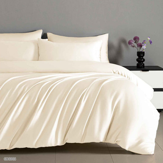 Lenjerie Pat Dublu din Satin, 4 Piese, cu Elastic, Crem-P8780