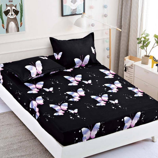 Husa de Pat cu Elastic, Din Finet, 180x200cm+2 fete de perna, Negru/Fluturi-C8763