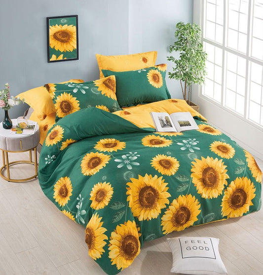 Lenjerie Pat Dublu din Finet, 6 Piese, cu Elastic, Verde/Flori-C8689