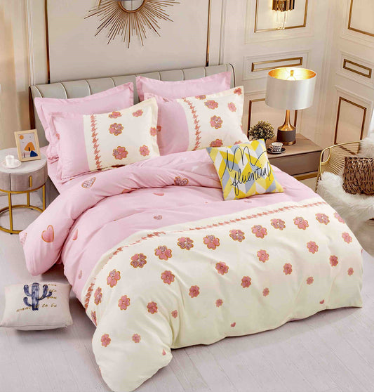 Lenjerie Pat Dublu din Finet, 6 Piese, cu Elastic, Roz/Crem/Flori-C8699