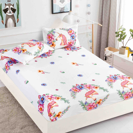 Husa de Pat cu Elastic, Din Finet, 180x200cm+2 fete de perna, Unicorni-C8808