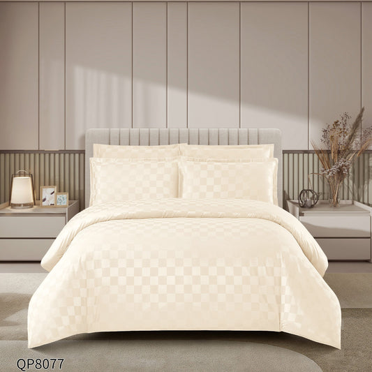 Lenjerie Pat Dublu din Damasc Finetat, 4 Piese cu Elastic, Crem Deschis-P8649