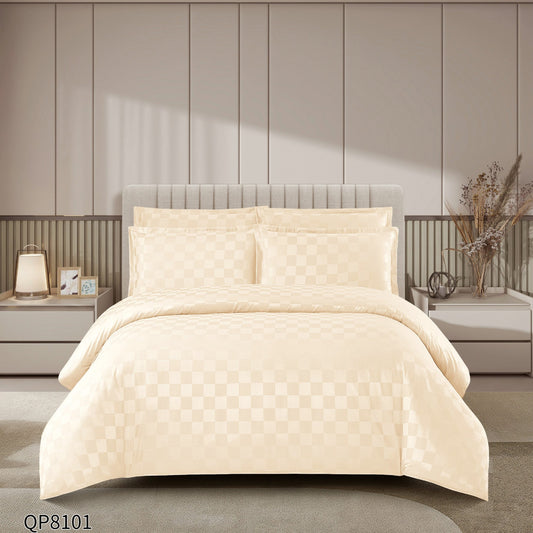 Lenjerie Pat Dublu din Damasc Finetat, 4 Piese cu Elastic, Crem-P8658