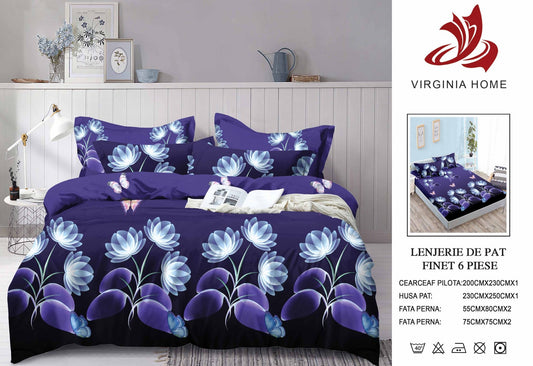 Lenjerie Pat Dublu din Finet, 6 Piese, cu Elastic, Flori-V8928