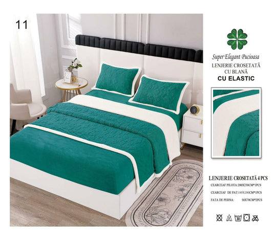 Lenjerie Crosetata Tip Tricotaj, cu Blanita, 4 Piese, cu Elastic, Verde-P9111