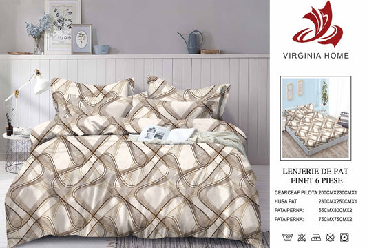 Lenjerie Pat Dublu din Finet, 6 Piese, cu Elastic, Bej-V8930
