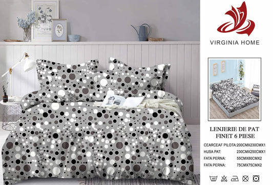 Lenjerie Pat Dublu din Finet, 6 Piese, cu Elastic, Gri/Cercuri-V8931