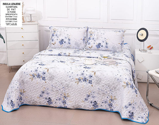 Cuvertura De Pat 3 Piese, din Bumbac Satinat, Mini Flori-P7831