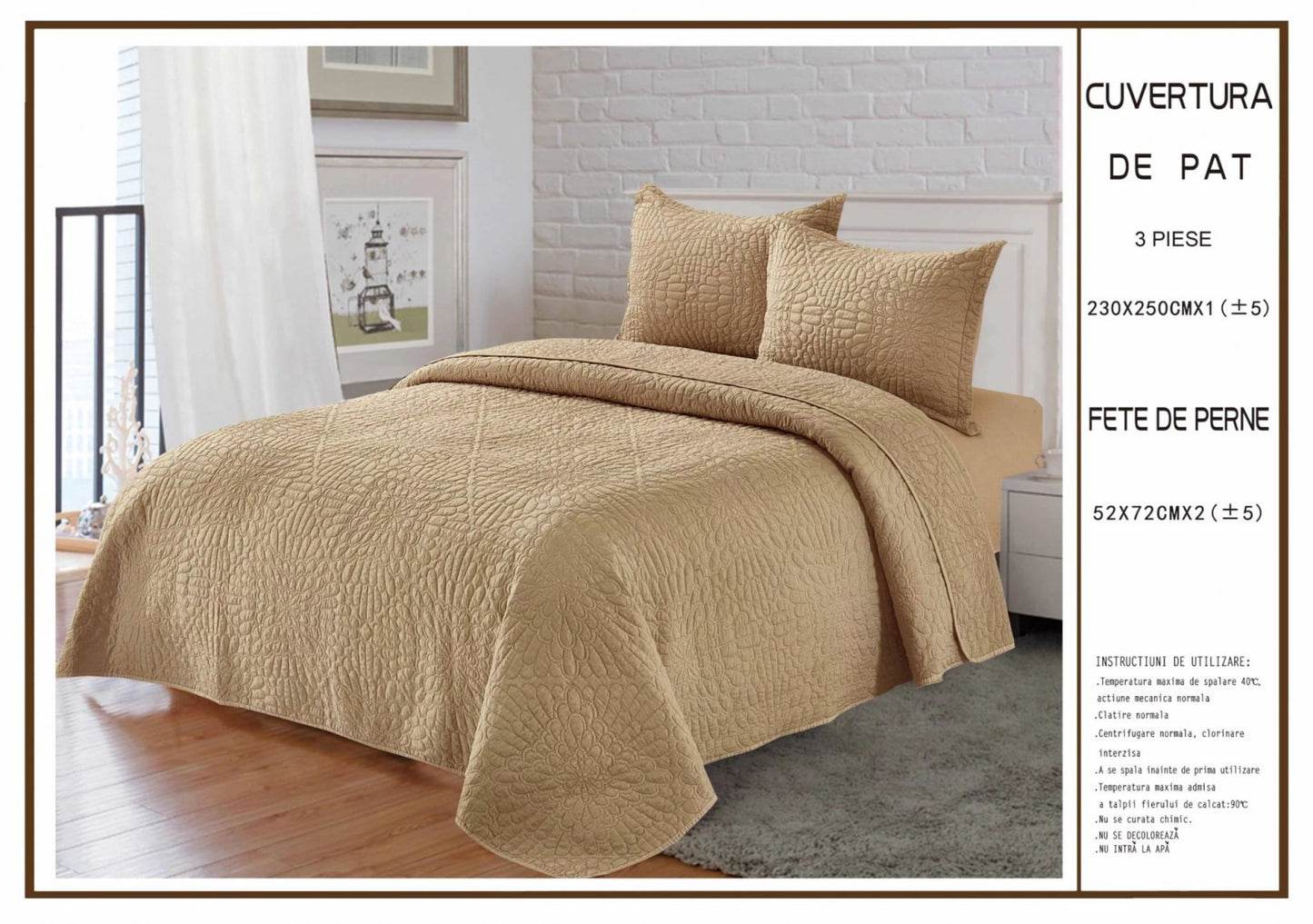 Cuvertura De Pat Matlasata, din Bumbac Satinat, cu 3 Piese, Cappuccino Uni-P6235