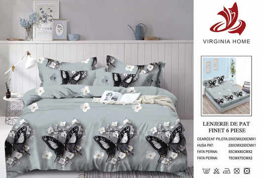 Lenjerie Pat Dublu din Finet, 6 Piese, cu Elastic, Fluturi-V8933