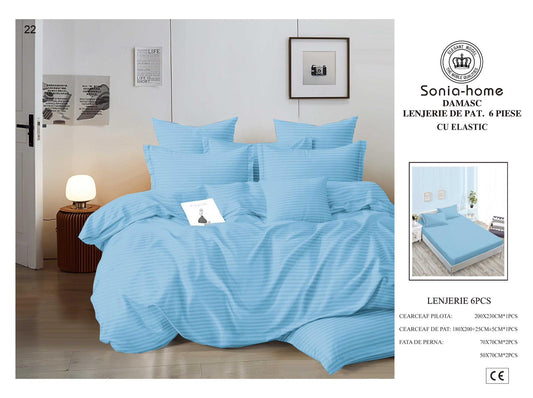 Lenjerie Bumbac Damasc 6 Piese cu Elastic, Bleu-S8566