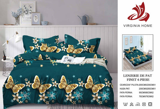 Lenjerie Pat Dublu din Finet, 6 Piese, cu Elastic, Fluturi-V8934