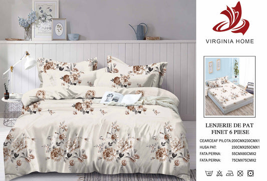 Lenjerie Pat Dublu din Finet, 6 Piese, cu Elastic, Bej/Flori-V8935