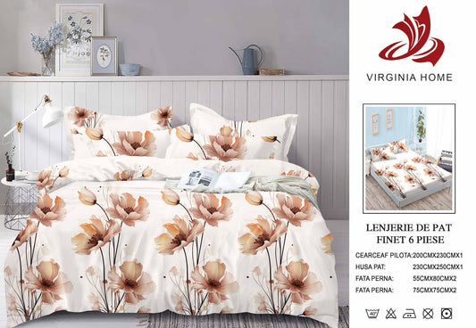 Lenjerie Pat Dublu din Finet, 6 Piese, cu Elastic, Bej/Flori-V8936