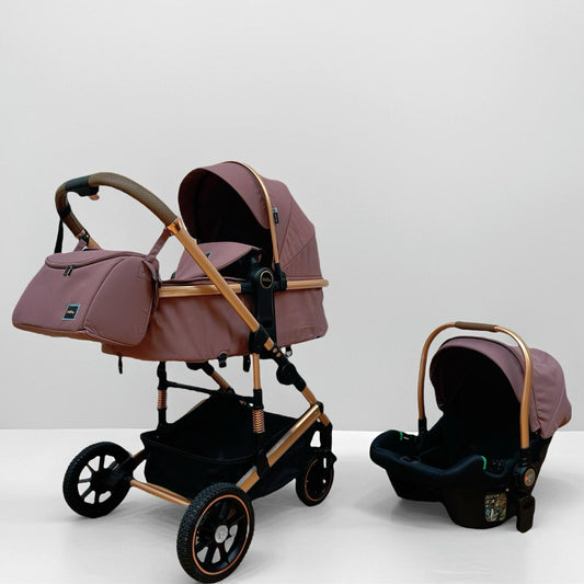 Carucior 3 in 1, cu Suspensii, Geanta Termica Pentru Accesorii si Salteluta, Landou reversibil, Cadru aluminiu, Mov