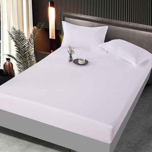 Husa de Pat cu Elastic din Bumbac Satinat Tip Damasc, 160x200cm+2 Fete de Perna, Alb