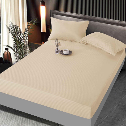 Husa de Pat cu Elastic din Bumbac Satinat Tip Damasc, 160x200cm+2 Fete de Perna, Crem