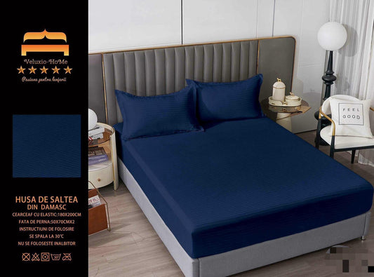 Husa de Pat cu Elastic din Damasc Finetat, 180x200cm+2 Fete de Perna, Bleumarin-M8224
