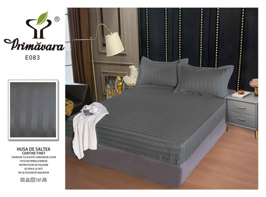 Husa de Pat cu Elastic din Damasc Finetat, 160x200cm+2 Fete de Perna, Gri Inchis-P6768