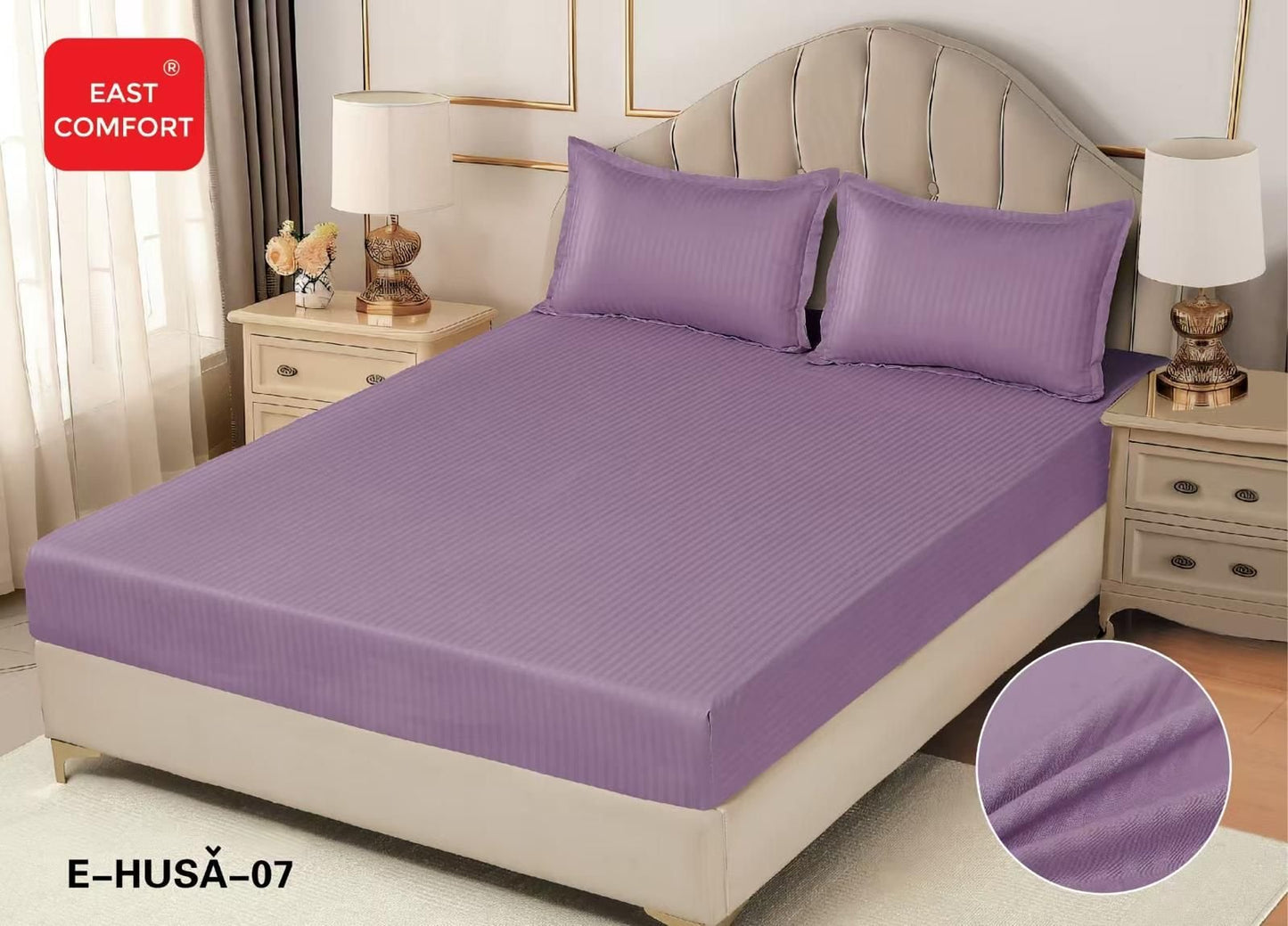 Husa de Pat cu Elastic din Damasc Finetat, 180x200cm+2 Fete de Perna, Mov-D8126