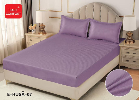 Husa de Pat cu Elastic din Damasc Finetat, 180x200cm+2 Fete de Perna, Mov-D8126