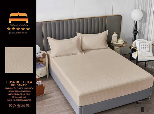 Husa de Pat cu Elastic din Damasc Finetat, 160x200cm+2 Fete de Perna, Bej Deschis-M8207