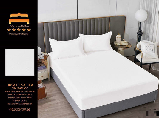 Husa de Pat cu Elastic din Damasc Finetat, 160x200cm+2 Fete de Perna, Alb-M8208
