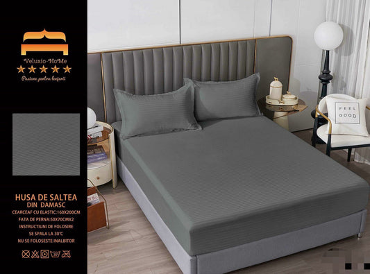 Husa de Pat cu Elastic din Damasc Finetat, 160x200cm+2 Fete de Perna, Gri Inchis-M8206