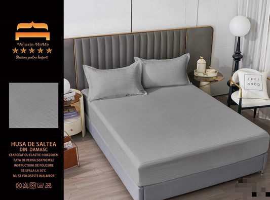 Husa de Pat cu Elastic din Damasc Finetat, 160x200cm+2 Fete de Perna, Gri Deschis-M8201