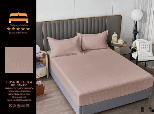 Husa de Pat cu Elastic din Damasc Finetat, 160x200cm+2 Fete de Perna, Pudra-M8205
