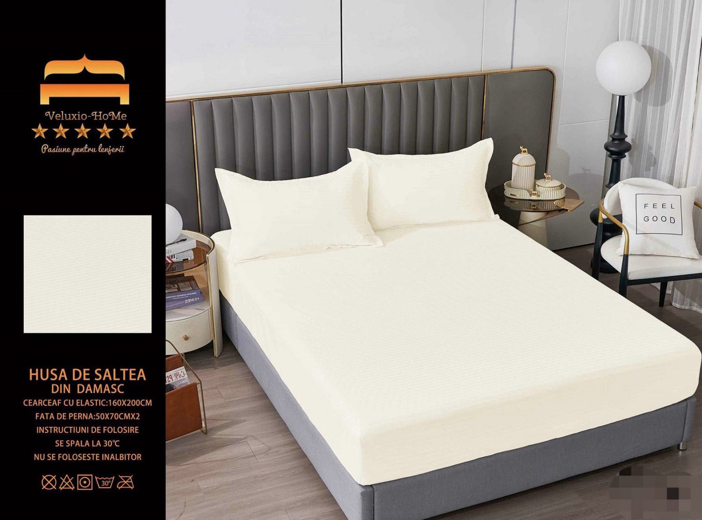 Husa de Pat cu Elastic din Damasc Finetat, 160x200cm+2 Fete de Perna, Crem-M8203