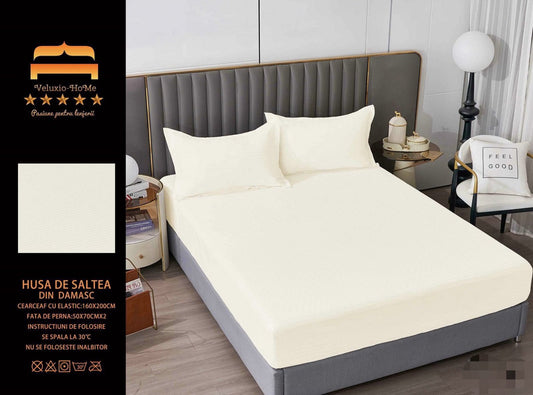 Husa de Pat cu Elastic din Damasc Finetat, 160x200cm+2 Fete de Perna, Crem-M8203
