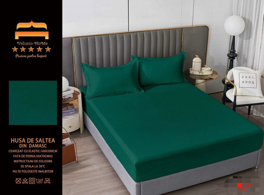 Husa de Pat cu Elastic din Damasc Finetat, 160x200cm+2 Fete de Perna, Verde-M8204