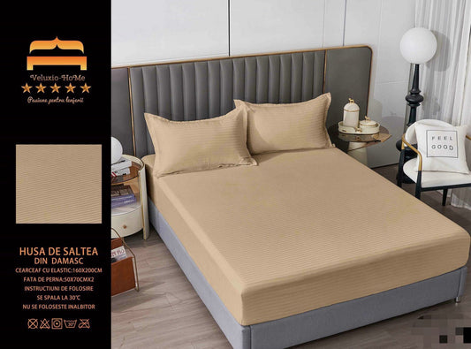Husa de Pat cu Elastic din Damasc Finetat, 160x200cm+2 Fete de Perna, Bej Inchis-M8202