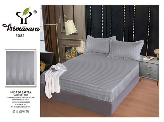 Husa de Pat cu Elastic din Damasc Finetat, 160x200cm+2 Fete de Perna, Gri Deschis-P7841