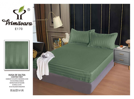 Husa de Pat cu Elastic din Damasc Finetat, 160x200cm+2 Fete de Perna, Verde Inchis-P7849