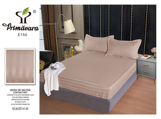 Husa de Pat cu Elastic din Damasc Finetat, 160x200cm+2 Fete de Perna, Bej-P7844