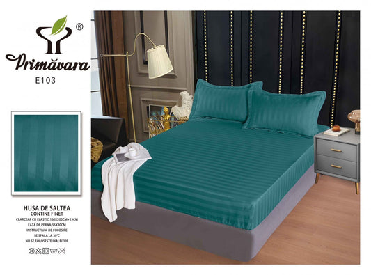 Husa de Pat cu Elastic din Damasc Finetat, 160x200cm+2 Fete de Perna, Viridian-P7850